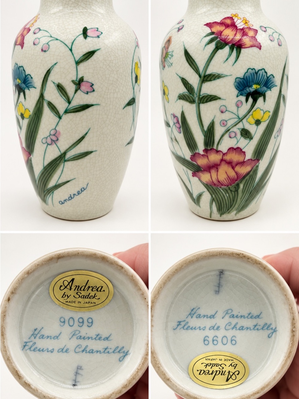 Vintage Andrea by Sadek "Fleurs de Chantilly" Hand-Painted Crackle Vase #6606